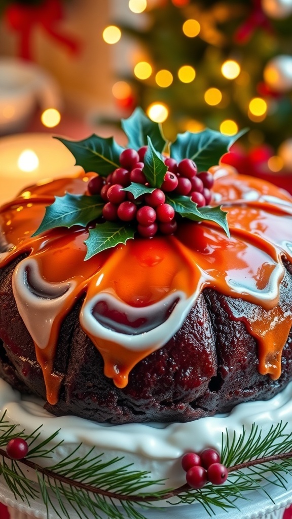 A festive Jamaican Christmas fruit cake decorated with marzipan and icing, set in a holiday-themed background.